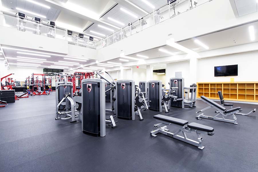Photo of the Fitness Center on the first floor featuring weight machines and free weights